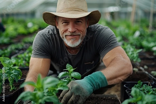 Fototapeta A joyful gardener kneels among lush green seedlings, demonstrating a passion for horticulture and the nurturing relationship between humans and nature in a vibrant atmosphere.
