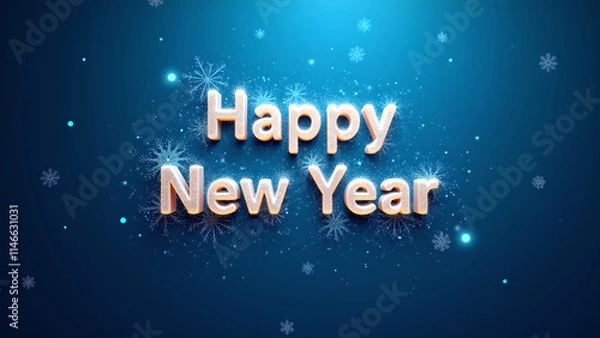 Fototapeta Happy New Year Greeting with Snowflakes and Glitter on Blue Background. Concept of Celebration and New Beginnings.