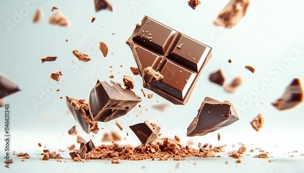 Fototapeta Milk chocolate bar exploding into pieces mid-air.