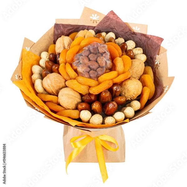 Fototapeta Dried Fruit and Nut Bouquet with Dates and Apricots in Orange Tones