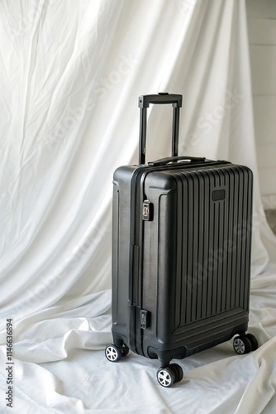 Fototapeta "Modern suitcase with handles and zippers, set on a white background, perfect for travel product ads."