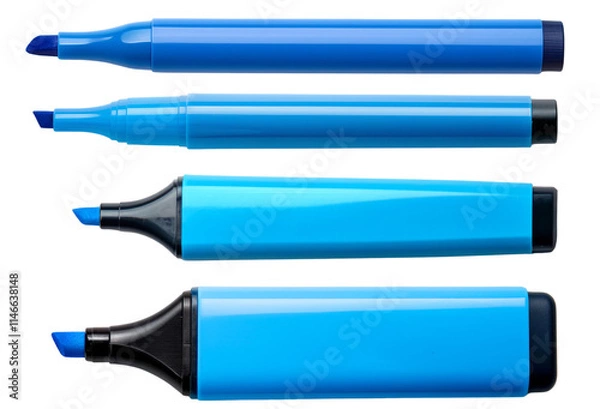 Fototapeta Collection of blue highlighters in various sizes on a white background.