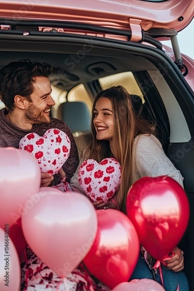 Obraz hearts balloons in the trunk of a car. Selective focus.