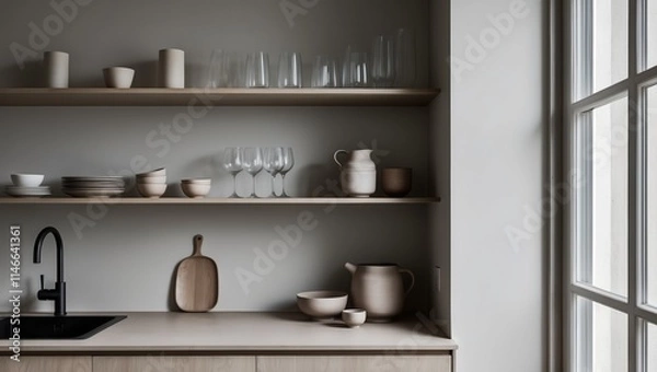 Fototapeta Modern kitchen interior featuring minimalistic wooden shelves with glassware, pottery, and dishware against a neutral wall. Calm and inviting atmosphere.