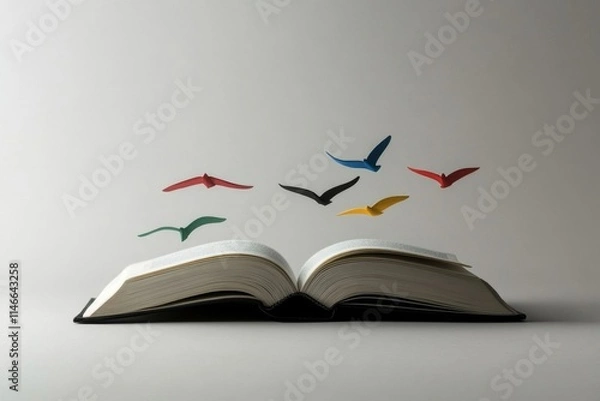Fototapeta Open Book with Colorful Paper Birds Flying Above Represents Imagination and Creativity in Minimalist Style