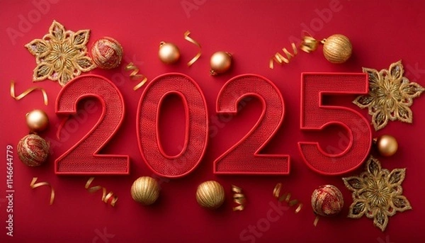 Obraz Top view of 2025 red 3D numbers with red snake pattern on and golden decorations.  2025, year of the snake. Generated image