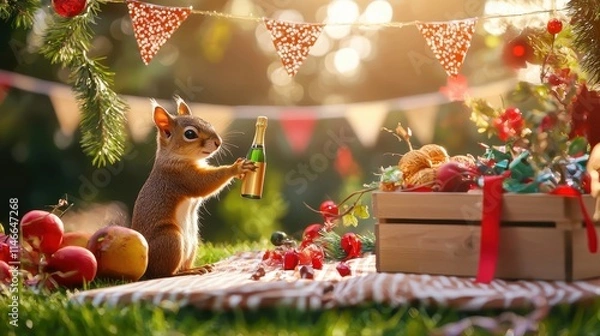Fototapeta Cute Squirrel Holding Champagne Bottle at Festive Picnic with Fruits and Decorations