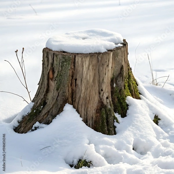 Fototapeta A chopped tree trunk on a snowy ground, highlighting the exposed wood grain, with a crisp, snow-covered backdrop.
