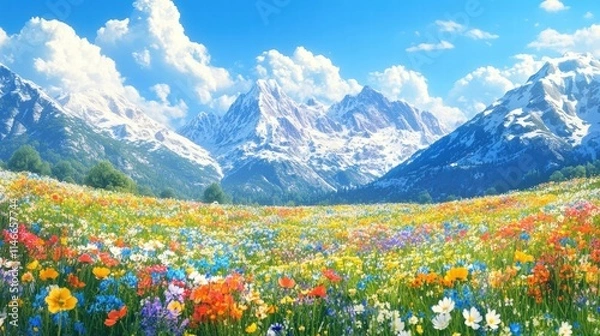 Fototapeta vibrant wildflower meadow with majestic mountain range