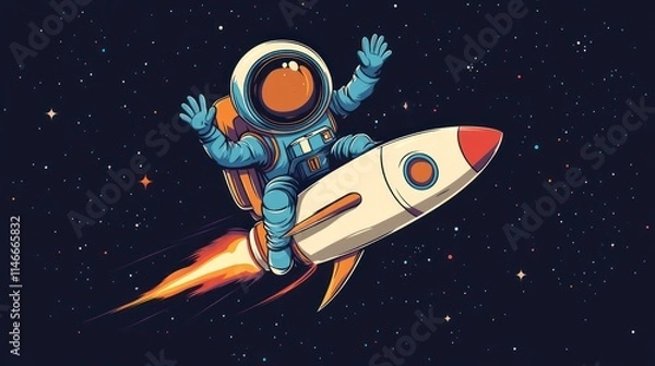 Fototapeta A cartoon astronaut joyfully riding a rocket through a starry space background.