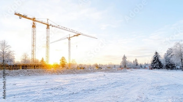 Obraz Winter construction site at sunrise with cranes.