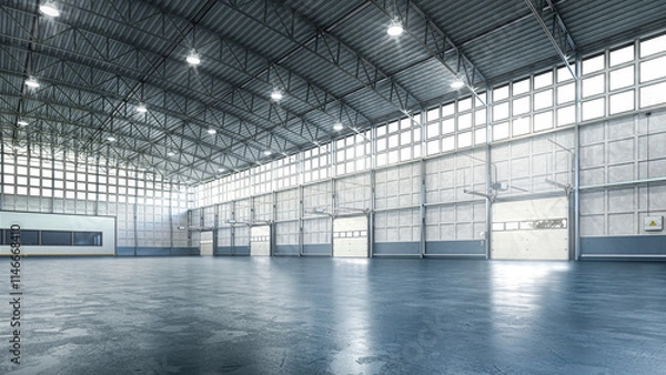 Obraz Interior of an empty illuminated warehouse. 3d illustration