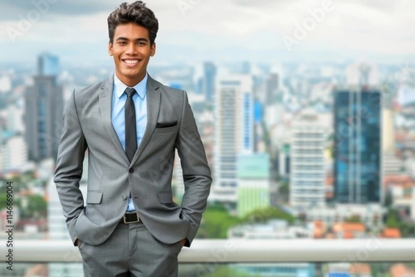 Fototapeta A man in a suit and tie stands on a balcony overlooking a city