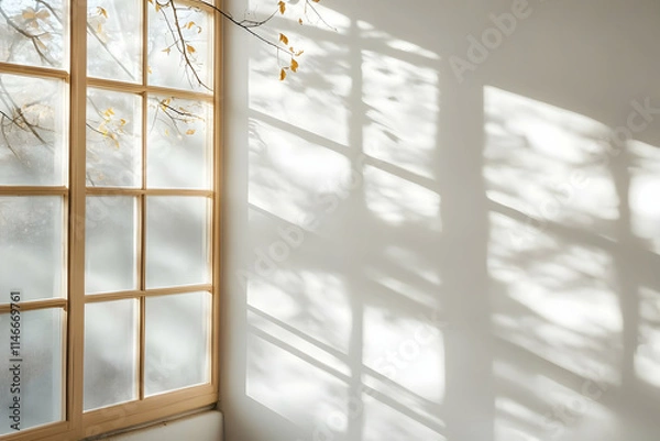 Fototapeta A serene interior scene with a window casting shadows on a wall, showcasing nature's influence.