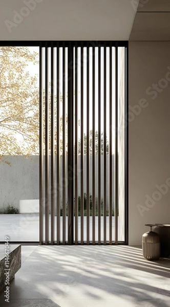 Fototapeta Modern interior with vertical blinds and a view of a serene outdoor space.