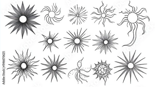 Fototapeta Abstract sun burst collection - hand drawn sunshine lines set. Sunshine and sunburst radial shape, star line burst, vector illustration, Sunburst gold vintage explosion. Handdrawn vector Design.