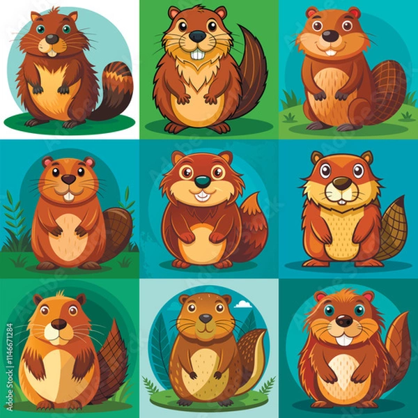 Fototapeta Funny Beaver Character in Different Actions Big Vector Set flat cartoon design illustration