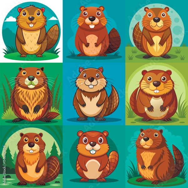 Fototapeta Funny Beaver Character in Different Actions Big Vector Set flat cartoon design illustration