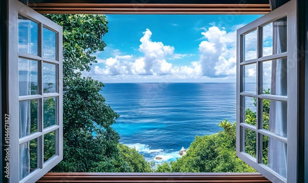 Fototapeta A picturesque view of the ocean framed by an open window, showcasing nature's beauty.