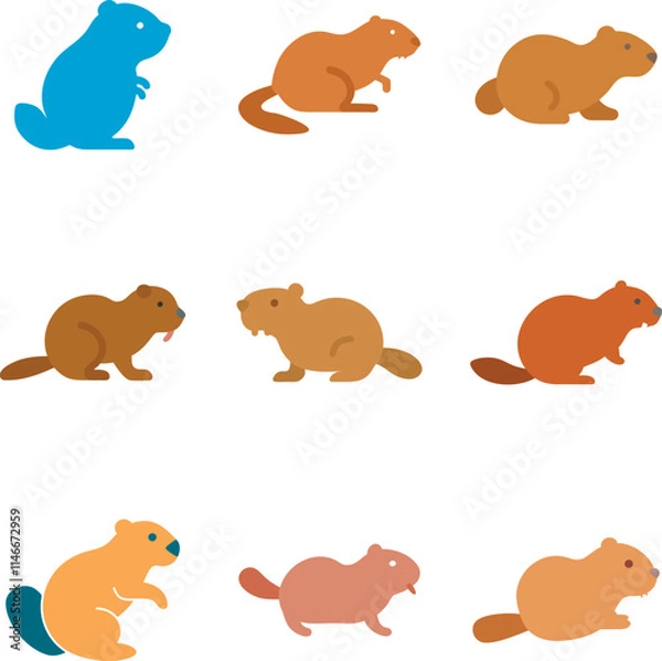 Obraz Funny Beaver Character in Different Actions Big Vector Set flat cartoon design illustration
