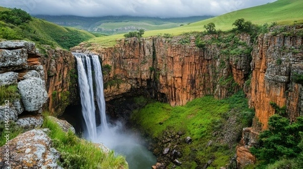 Fototapeta majestic waterfall cascading into lush green valley