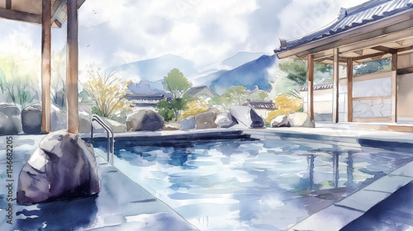 Obraz 和風旅館で過ごす温泉旅行：春から夏への移ろいを捉えた日本の露天風呂水彩画風景イラスト