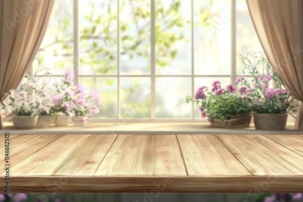 Fototapeta Empty wood table top on blur window sill and kitchen shelf background 