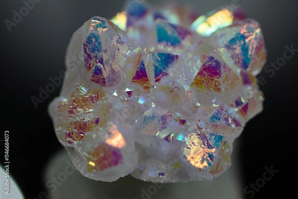 Fototapeta A rainbow aura quartz crystal cluster radiates vibrant, iridescent hues, combining natural beauty with mystical energy and gemstone brilliance, isolated in studio