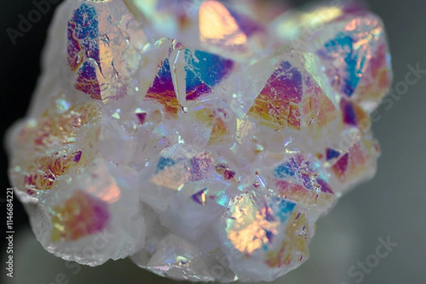 Fototapeta A rainbow aura quartz crystal cluster radiates vibrant, iridescent hues, combining natural beauty with mystical energy and gemstone brilliance, isolated in studio