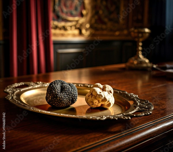 Obraz Black and White Truffles on a Golden Platter