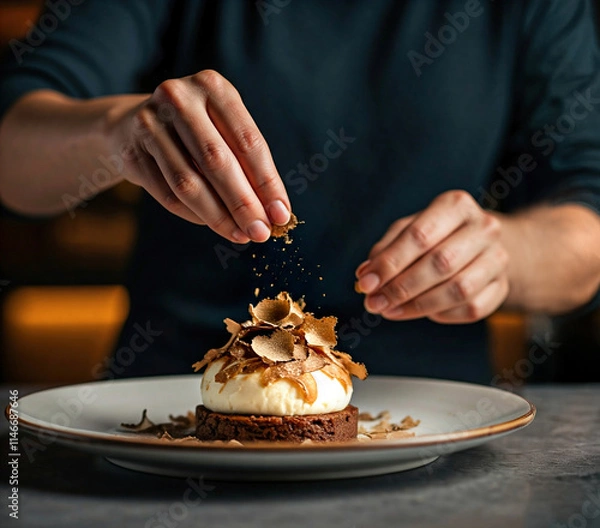 Obraz Truffle Flakes Falling on a Decadent Dessert