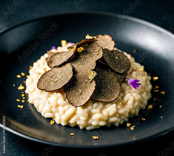 Obraz Truffle Risotto with Edible Flowers and Gold Flakes