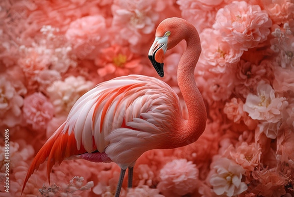 Fototapeta beautiful flamingo art with pretty flowers in a dreamy setting 