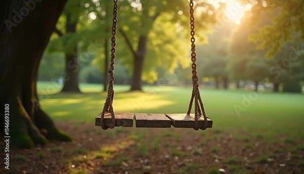 Fototapeta Columpio de madera colgando de un árbol en un parque para recreación al aire libre