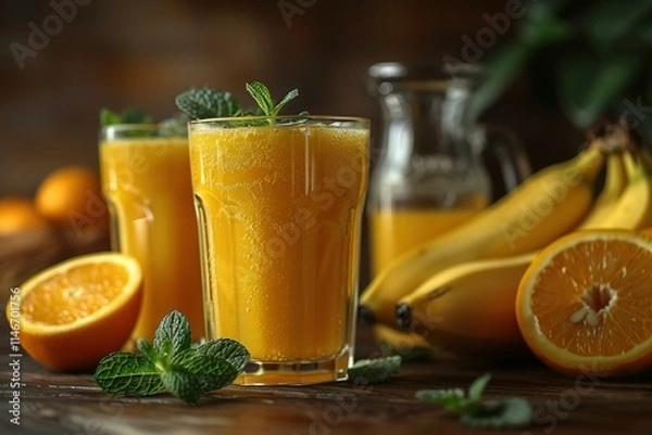 Obraz Two glasses of orange juice with a banana and a bunch of oranges on a table