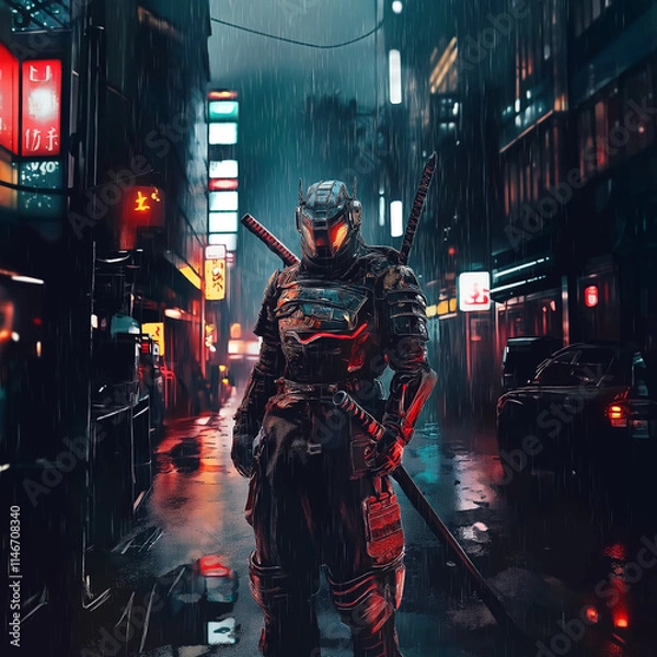 Fototapeta A cyberpunk samurai in an armored suit stands on the streets of Neo-Tokyo