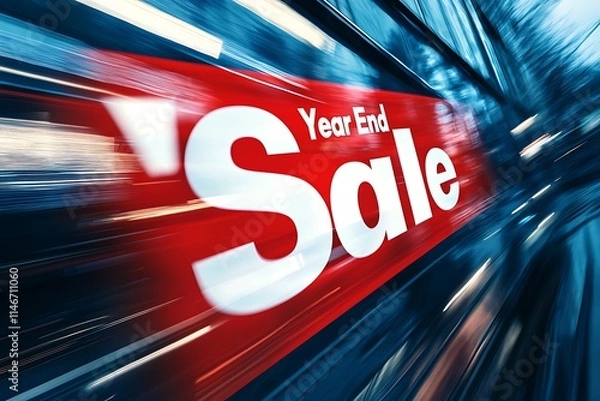 Fototapeta "Year End Sale" in a diagonal slant with bold red and white text, accompanied by motion blur effects on a contrasting dark blue background