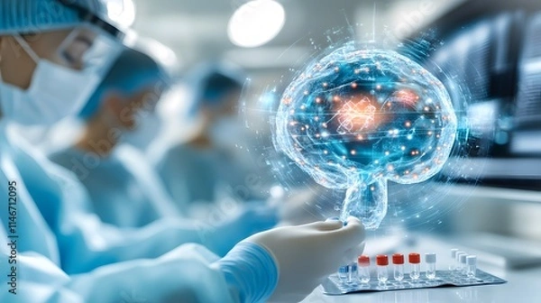 Obraz Scientists analyzing holographic brain model in a futuristic laboratory, showcasing advancements in neuroscience and medical research