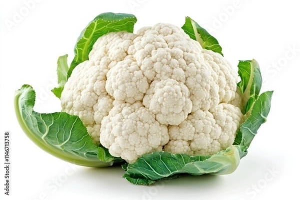 Fototapeta A fresh head of cauliflower with intact green leaves, isolated on a white background