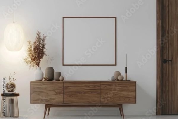 Fototapeta Render of a clean entryway featuring a sideboard and ISO A1 poster frame illuminated by natural light.