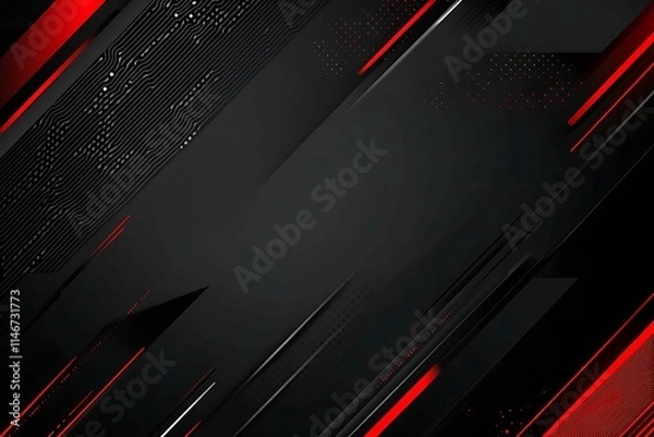 Fototapeta Dynamic technology-inspired abstract background with sharp red, black, and silver lines, creating a sleek and futuristic digital design.