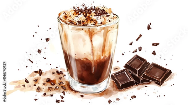 Obraz A mocha latte with chocolate syrup and a sprinkle of chocolate shavings, watercolor illustration, clipart on a white background.