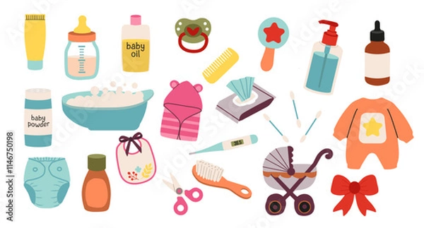 Obraz baby care elements set isolated on white Vector illustration in flat  stile