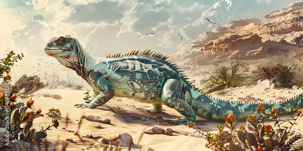 Obraz Iguana in a desert environment, showcasing its natural habitat and unique reptilian features.