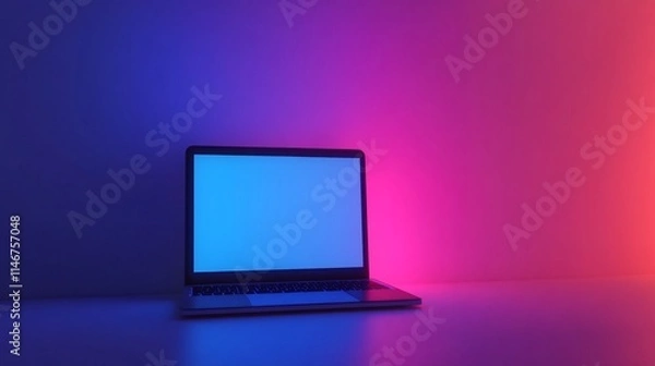 Fototapeta Laptop with blank screen illuminated by vibrant neon lights.