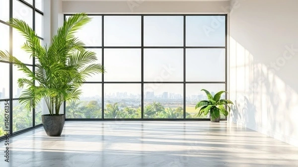 Fototapeta Bright and Spacious Interior with Large Windows Overlooking a Lush Landscape, Featuring Green Plants for a Fresh and Inviting Atmosphere