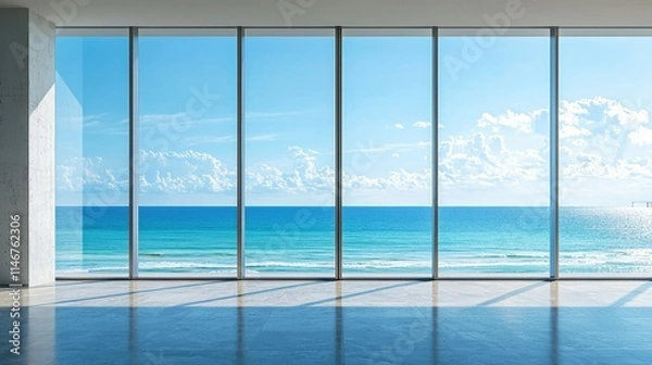 Fototapeta Modern Minimalist Coastal Interior with Stunning Ocean View Through Large Windows, Bright Blue Sky and Tranquil Beach Scene Capturing Serenity and Style