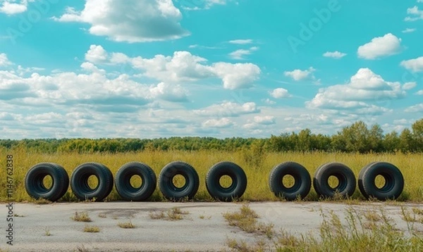 Fototapeta A row of discarded tires on a grassy field under a bright blue sky.