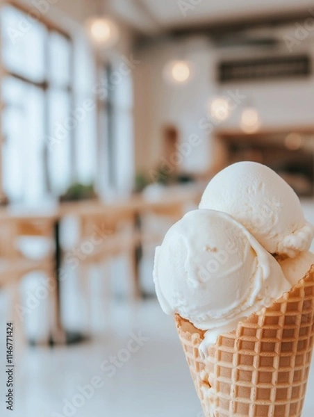 Fototapeta Scoops of white ice cream on a waffle cone against the background of a coffee shop