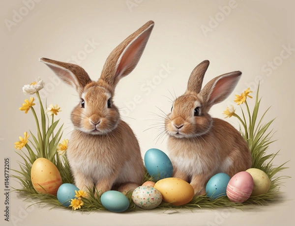 Fototapeta Easter Bunny composition with easter decorative eggs. Easter banner 